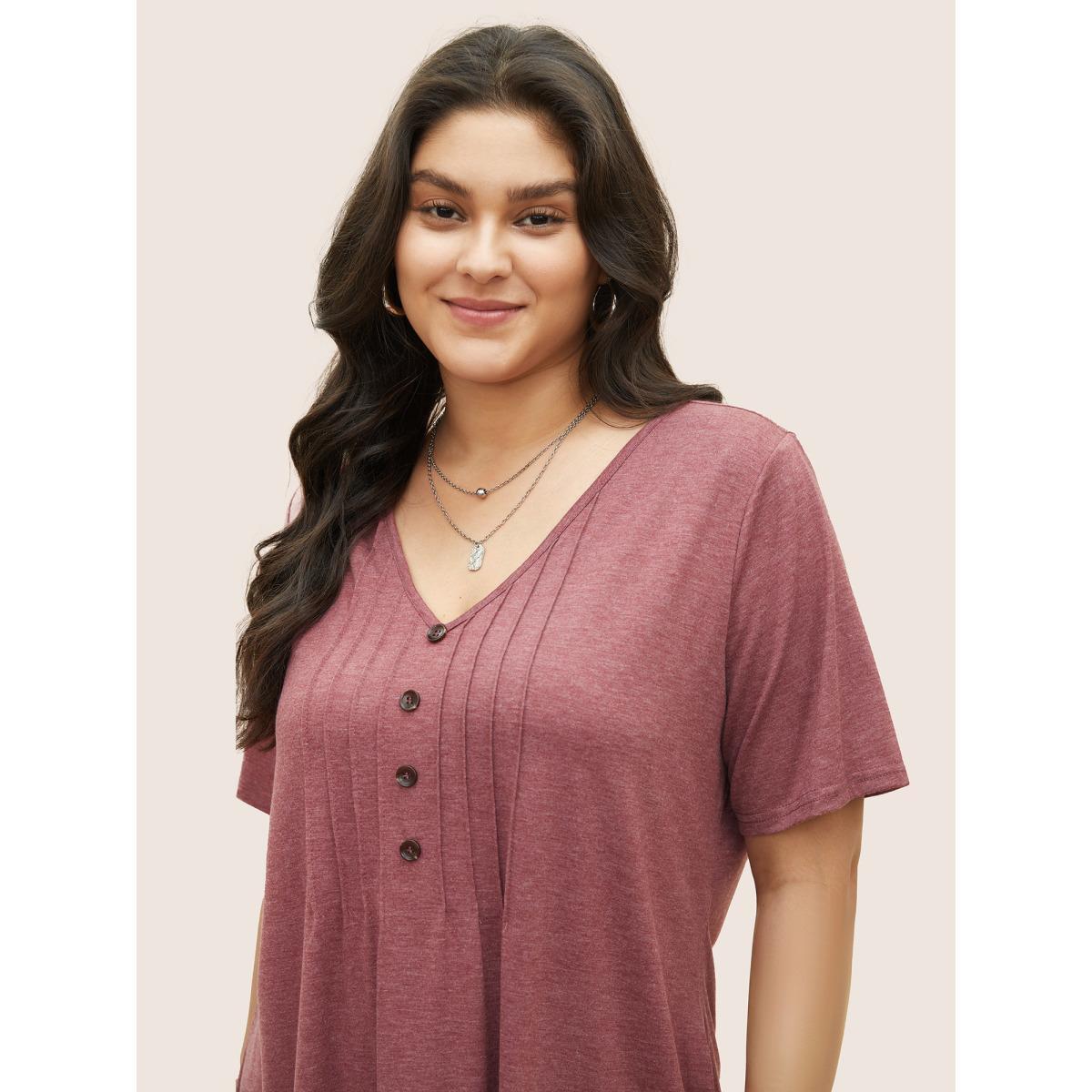 Plus Size Solid Pleated Front Button Detail V Neck T-shirt Russet Women Casual Button Plain Everyday T-shirts BloomChic 30/6X Product Image