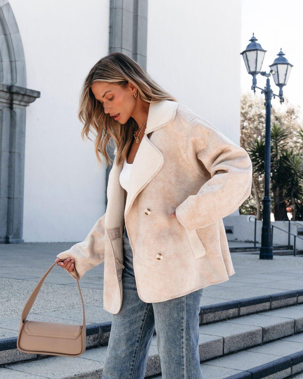 Muse By Magnolia Faux Suede Sherpa Jacket - Beige - FINAL SALE Female Product Image