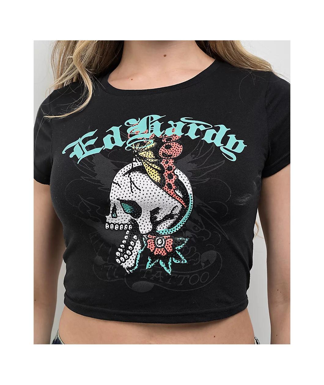 Ed Hardy Skull Butterfly Rhinestone Black Crop T-Shirt Product Image