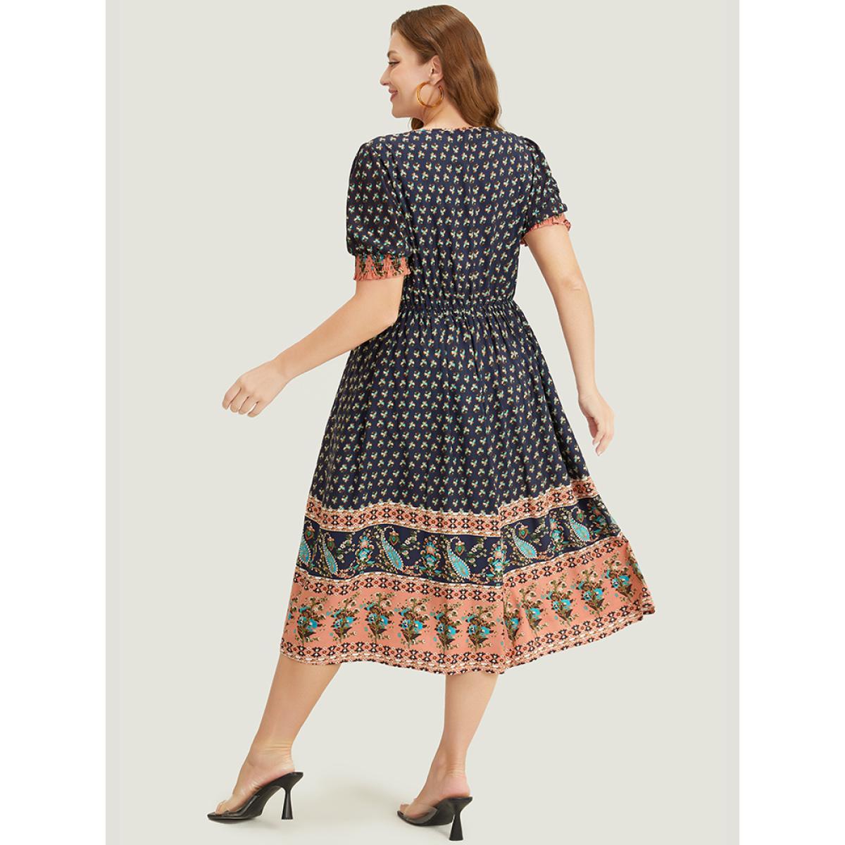 Plus Size Bandana Print Shirred Puff Sleeve Pocket Wrap Empire Waist Dress Indigo Women Vacation Wrap V-neck Short sleeve Curvy Midi Dress BloomChic 28/5X Product Image