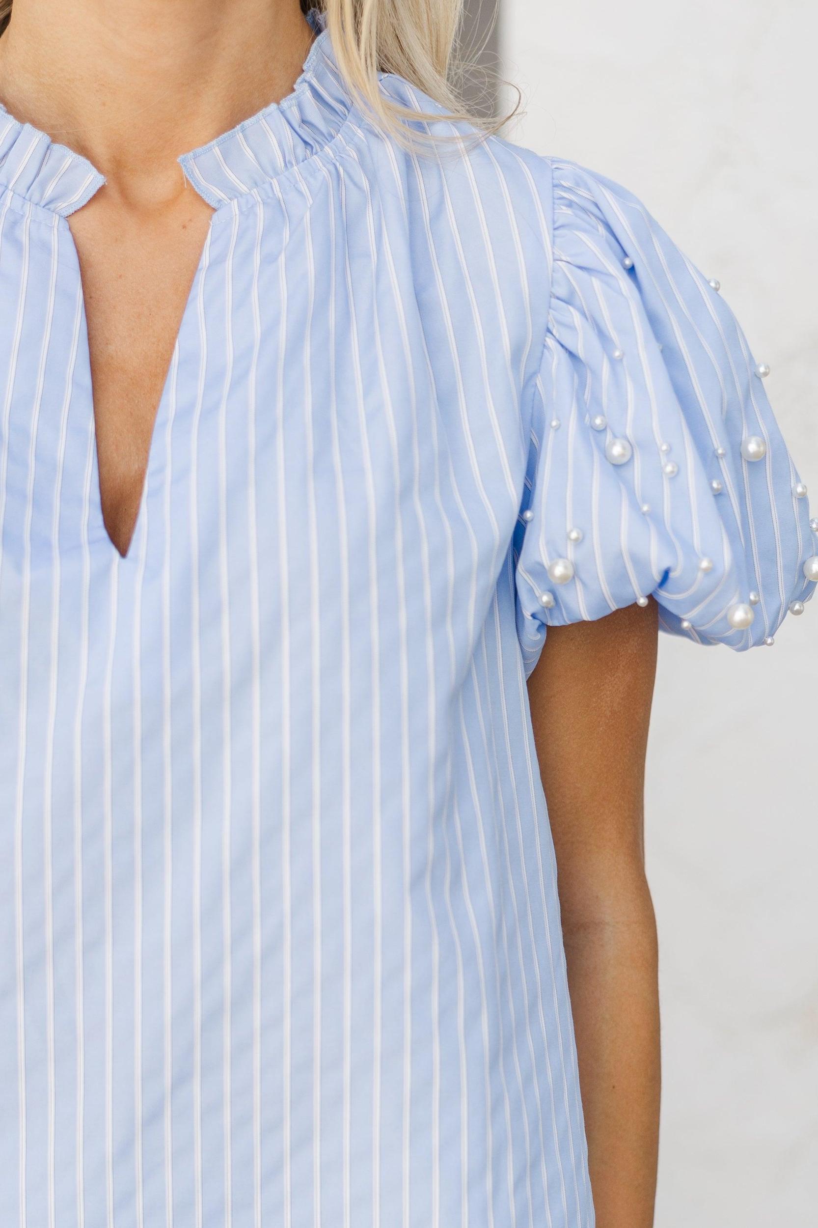 Look For It Blue Embellished Striped Blouse Female Product Image