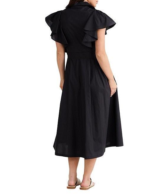 Brave + True Marigold Cotton Ruffle Sleeve Collared V-Neck Button Front Midi Dress Product Image