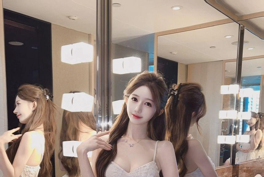 Spaghetti Strap V-Neck Lace Mini A-Line Dress Product Image