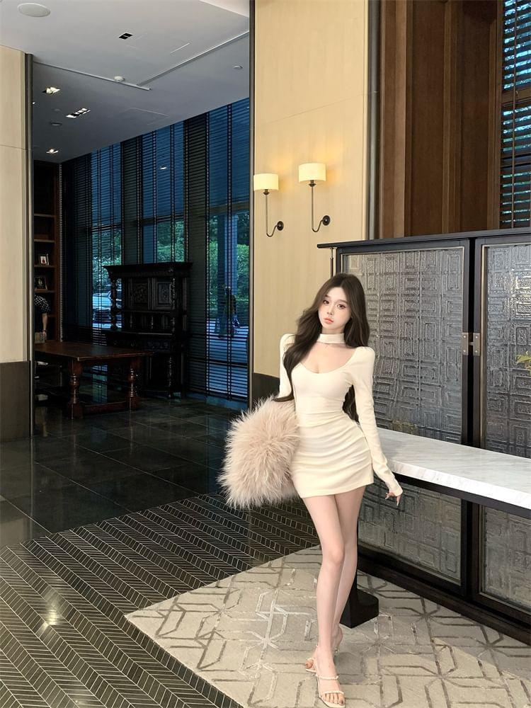 Long-Sleeve Cutout Plain Knit Mini Bodycon Dress Product Image