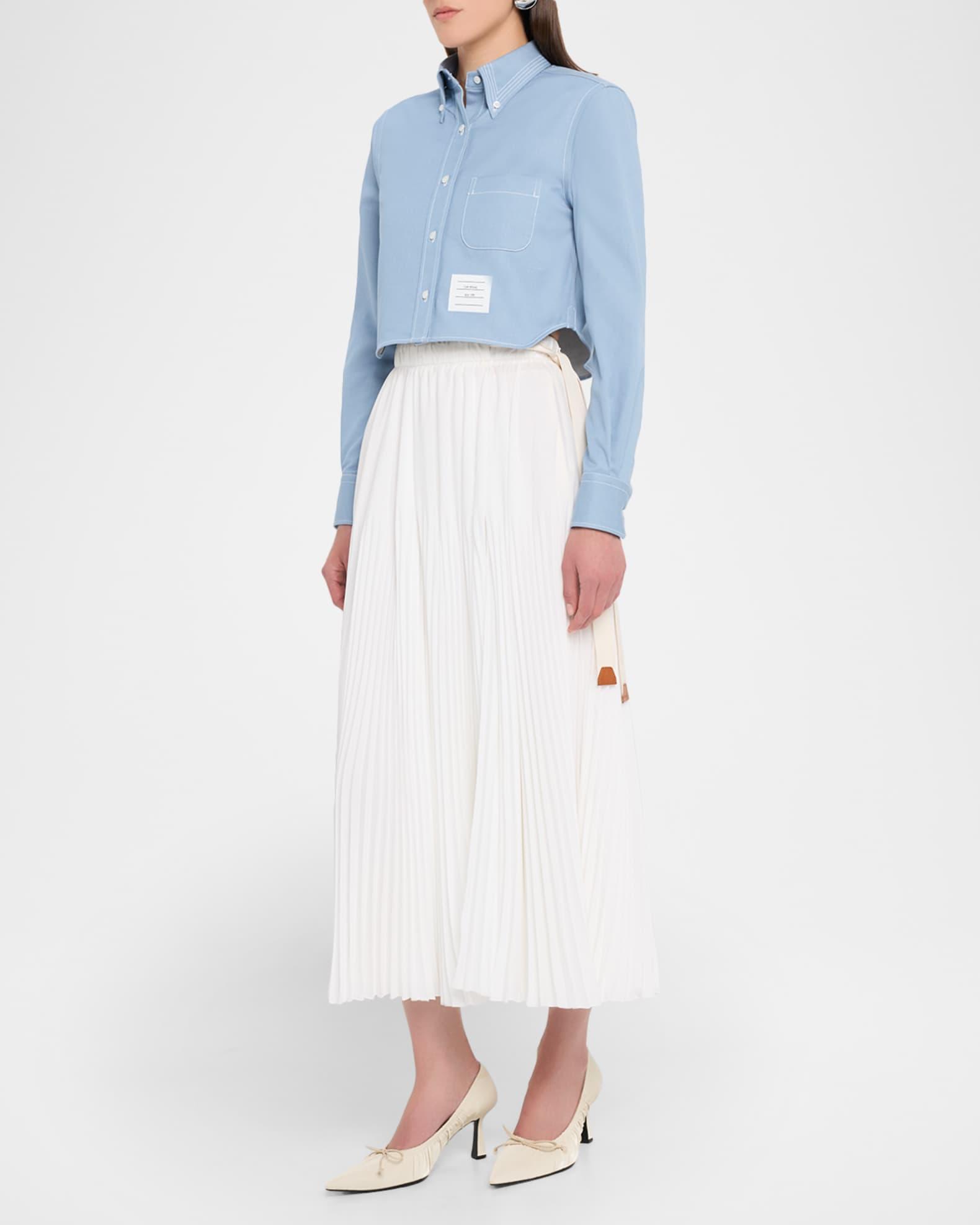 Long-Sleeve Denim Crop Button-Down Shirt Product Image