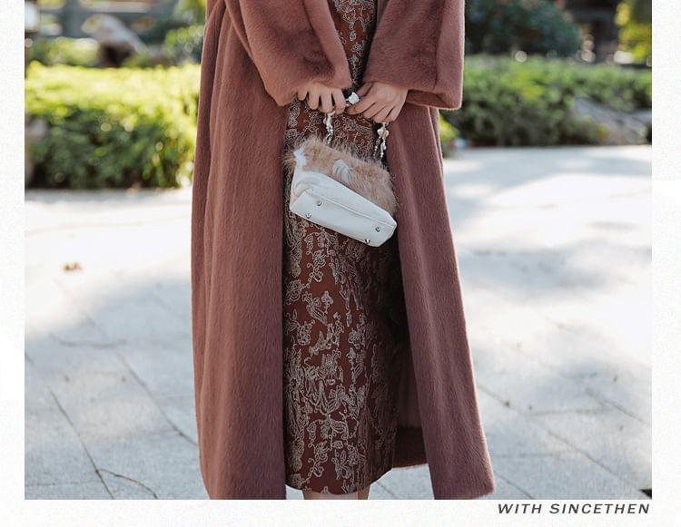 Spaghetti Strap Jacquard Slit Midi Sheath Dress / Plain Cardigan Product Image