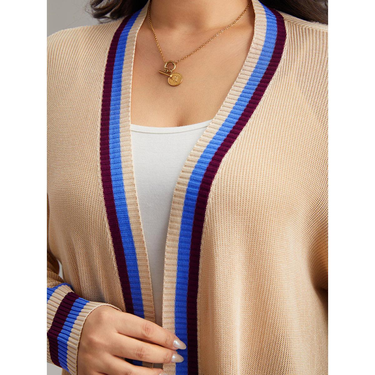 Plus Size Contrast Striped Patched Pocket Drop Shoulder Cardigan Champagne Women Casual Loose Long Sleeve Dailywear Cardigans BloomChic 18-20/2X Product Image