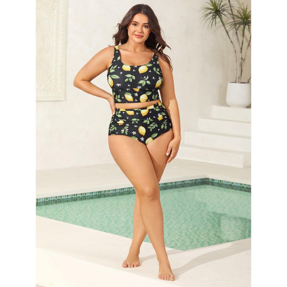 Plus Size Lemon Print Scoop Neck Swim Top Women's Swimwear Black Beach High stretch Skinny U-neck Curve Swim Tops BloomChic 14-16/1X Product Image