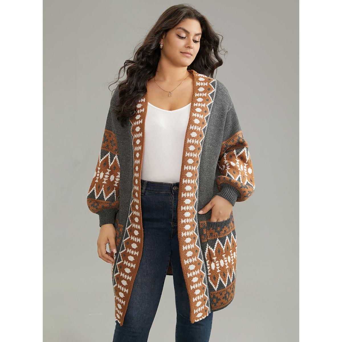 Plus Size Contrast Geometric Pocket Open Front Cardigan DimGray Women Casual Loose Long Sleeve Dailywear Cardigans BloomChic 10/M Product Image