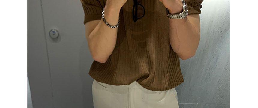 Short-Sleeve Ribbed Polo Knit Top Product Image