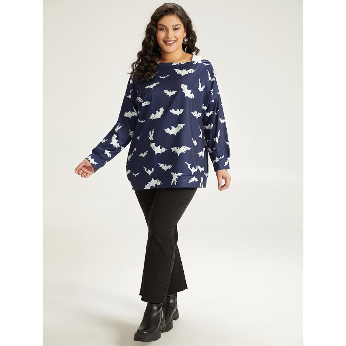 Plus Size Halloween Bat Print Elastic Cuffs Cold Shoulder Sweatshirt Women Indigo Casual Elastic cuffs Cold Shoulder Dailywear Sweatshirts BloomChic 30/6X Product Image