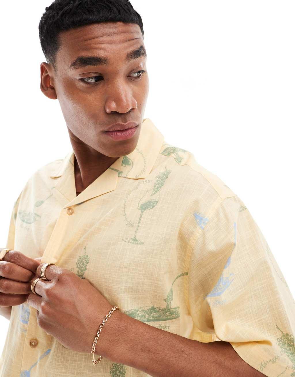 ASOS DESIGN oversized camp collar shirt with wine and pasta print Product Image