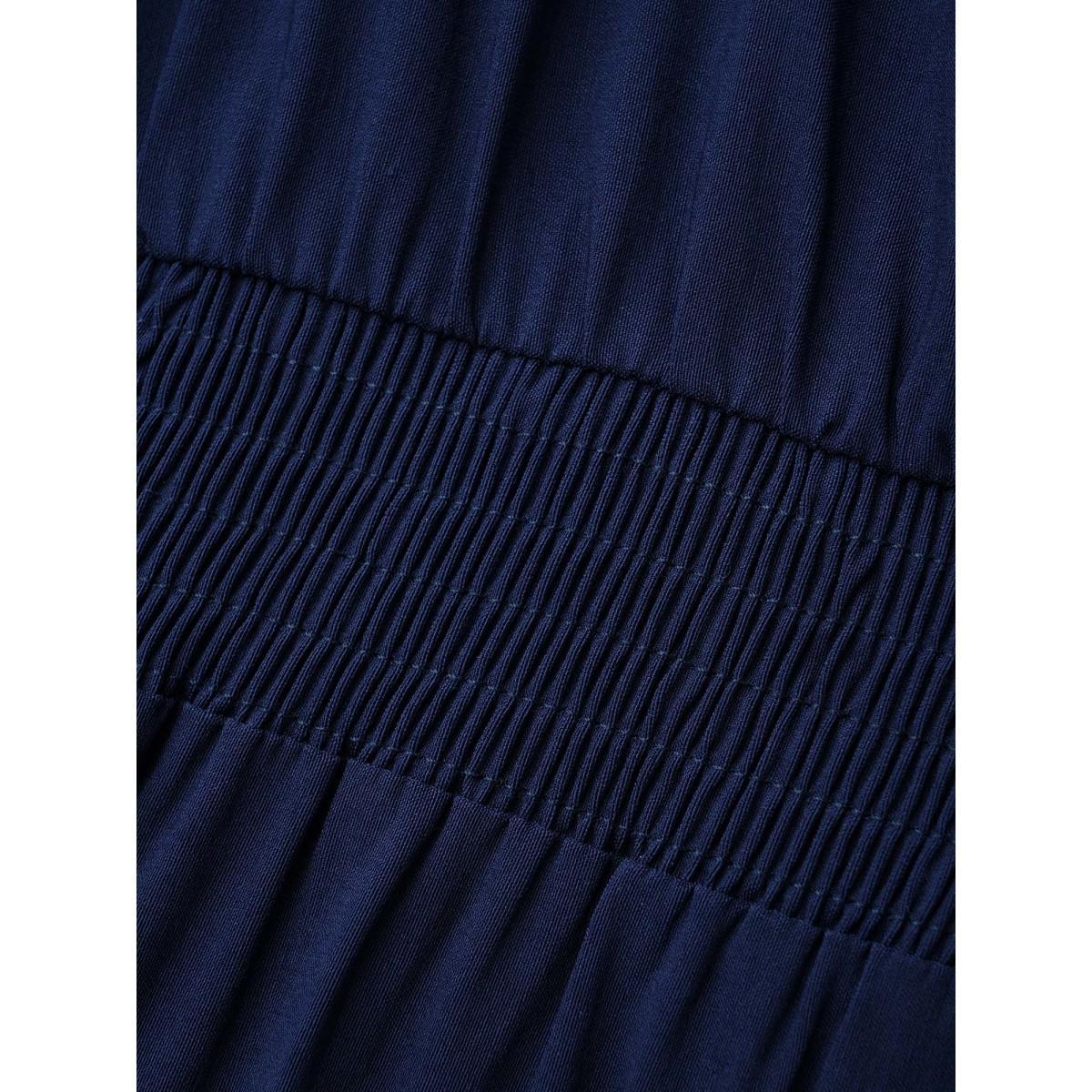 Plus Size Plain Keyhole Pleated Shirred Dress Indigo Women Workwear Essentials Pleated Boat Neck Long Sleeve Curvy BloomChic 22-24/3X Product Image