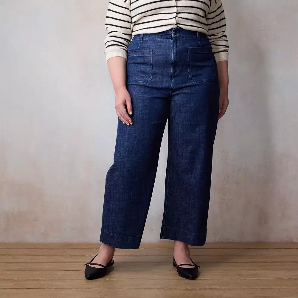 Plus Size LC Lauren Conrad Super High Rise Wildflower Wide Leg Cropped Jeans, Women's, Size: 18 W, Dark Blue Wash Product Image