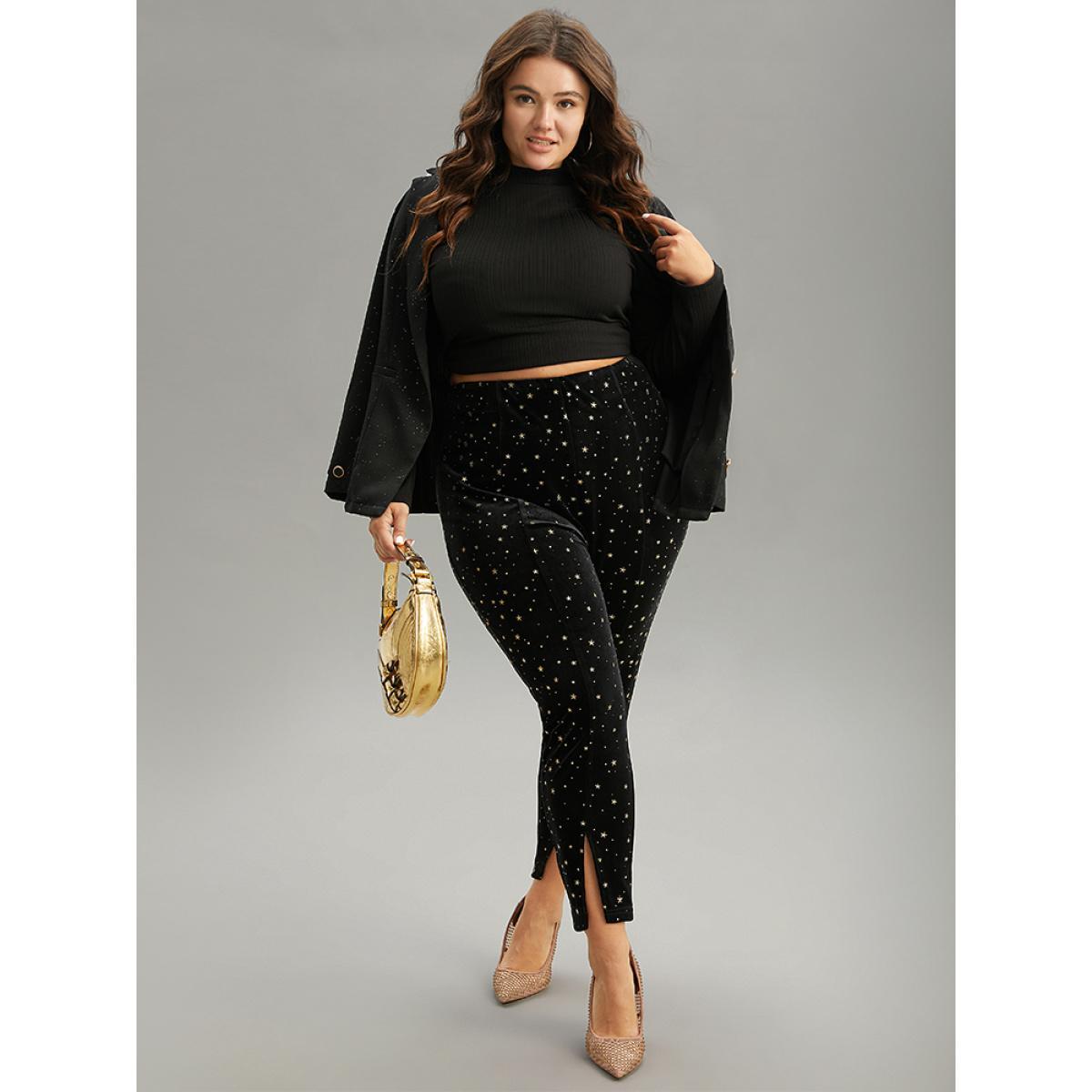Plus Size Star Glitter Split Hem High Rise Skinny Leggings Women Black Glamour High stretch Skinny High Rise Party Leggings BloomChic 22-24/3X Product Image