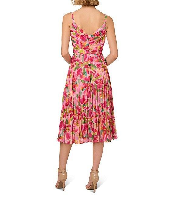 Adrianna Papell Floral Chiffon V-Neck Sleeveless Pleated Midi Dress Product Image