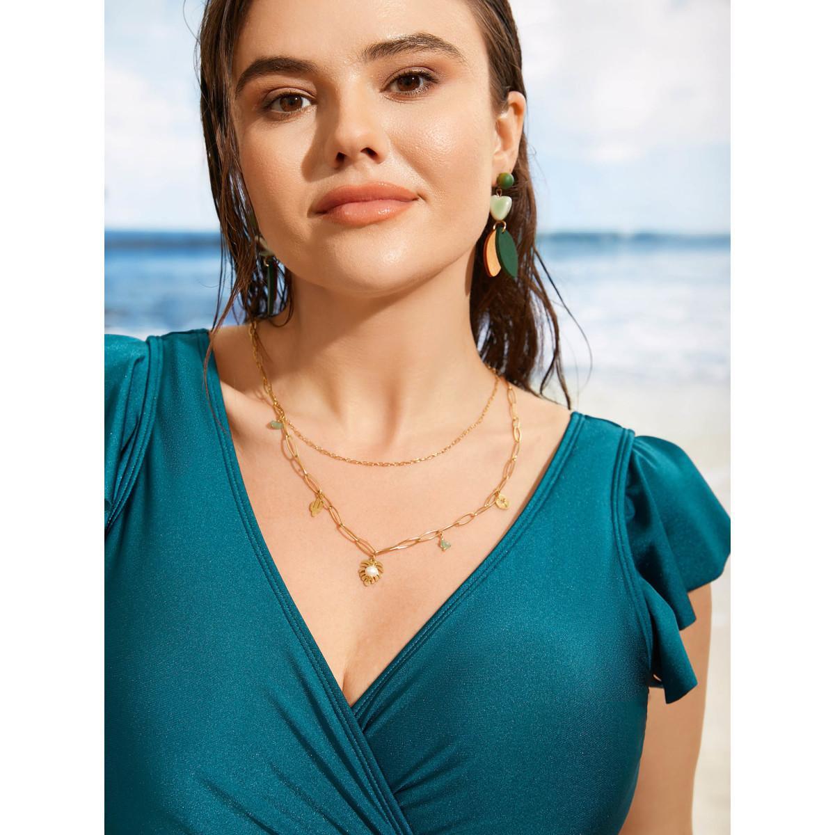 Plus Size Solid Wrap Ruffle Cap Sleeve Swim Top Women's Swimwear Cyan Beach Pleated High stretch Skinny Overlap Collar Curve Swim Tops BloomChic 10/M Product Image