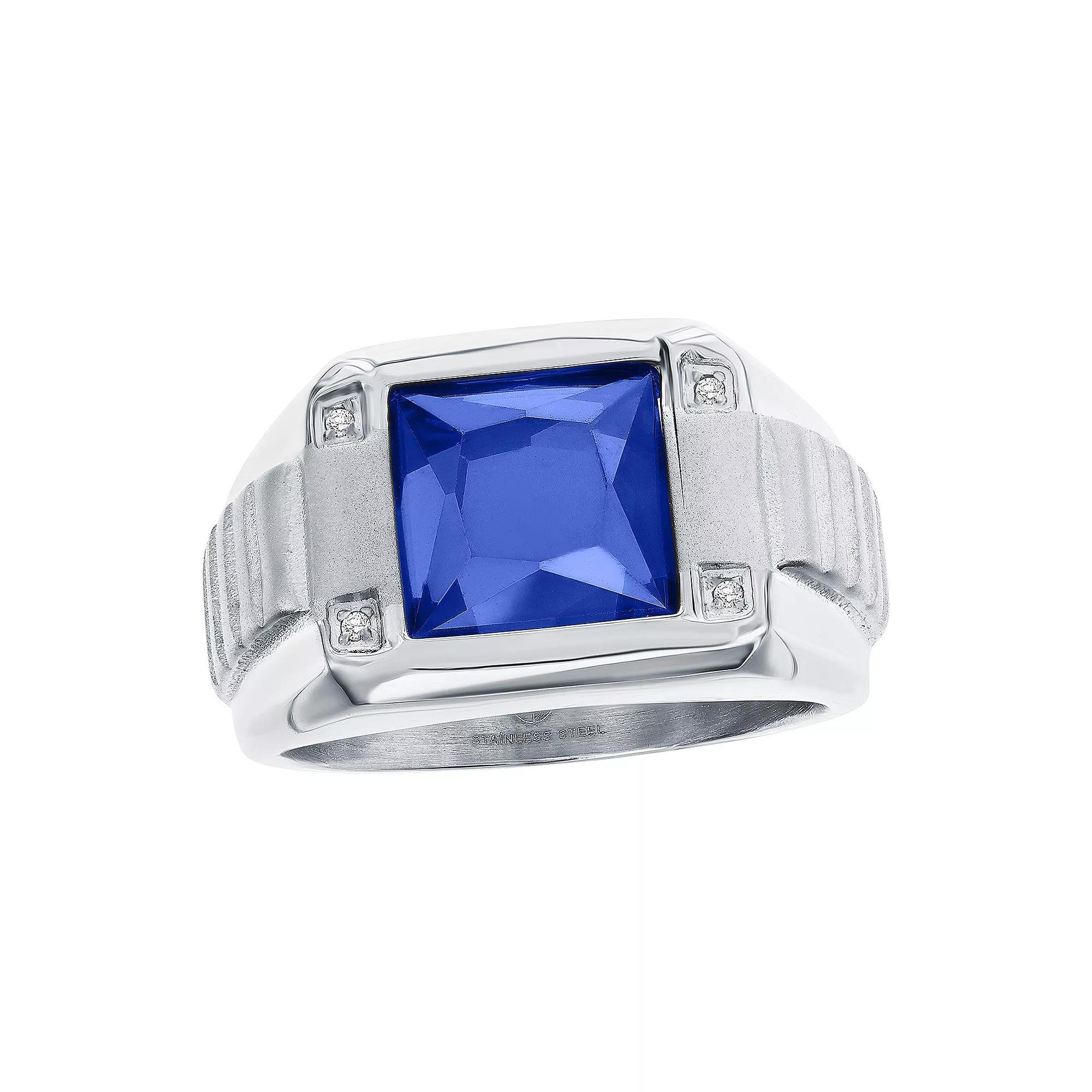 Men's Metallo Steel Genuine Blue Spinel Square Cubic Zirconia Ring, Size: 9, Stainless Product Image