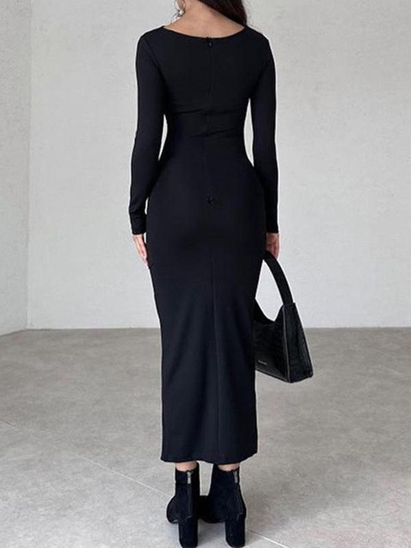 Solid Ruched Long Sleeve Maxi Dress Product Image