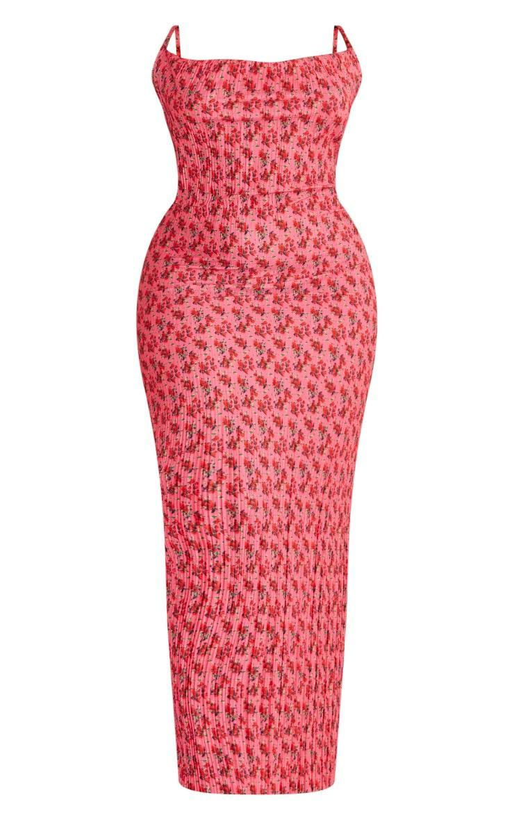 Plus Rose Floral Printed Plisse Cowl Neck Maxi Dress Product Image