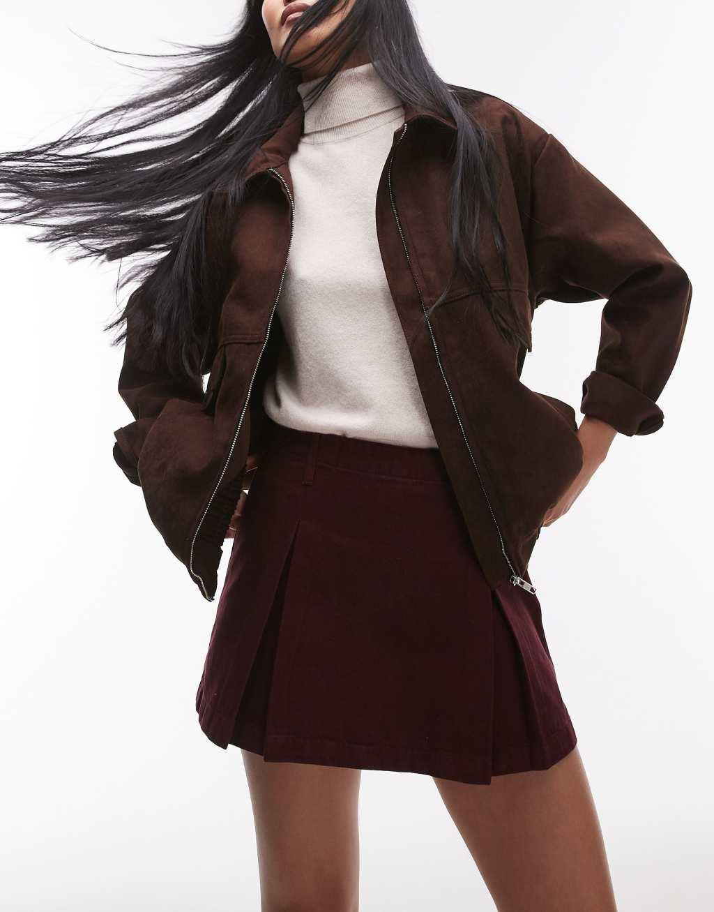 Topshop denim box pleat mini skirt in burgundy Product Image