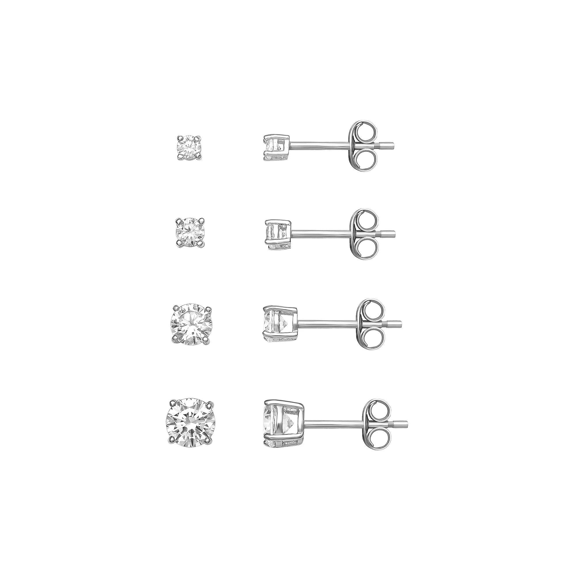 PRIMROSE Sterling Silver Cubic Zirconia Graduated Stud Earring Set of 4, Womens Product Image
