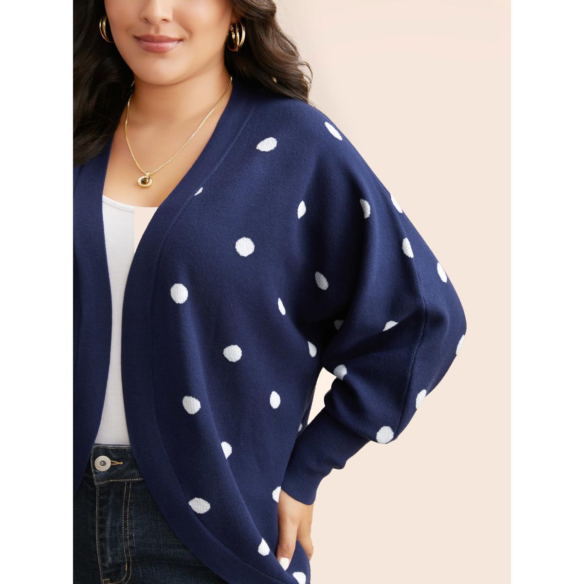 Plus Size Polka Dot Curved Hem Dolman Sleeve Cardigan Indigo Women Casual Loose Long Sleeve Everyday Cardigans BloomChic 30/6X Product Image