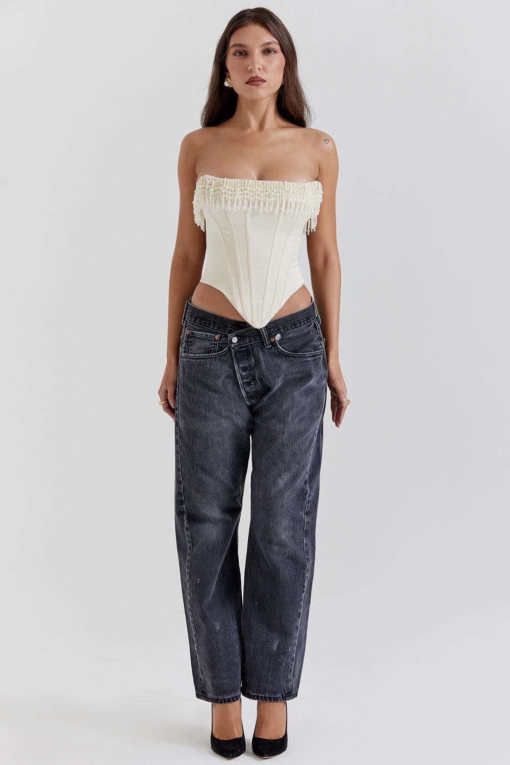 Aubrie Vintage Cream Embellished Satin Corset Product Image