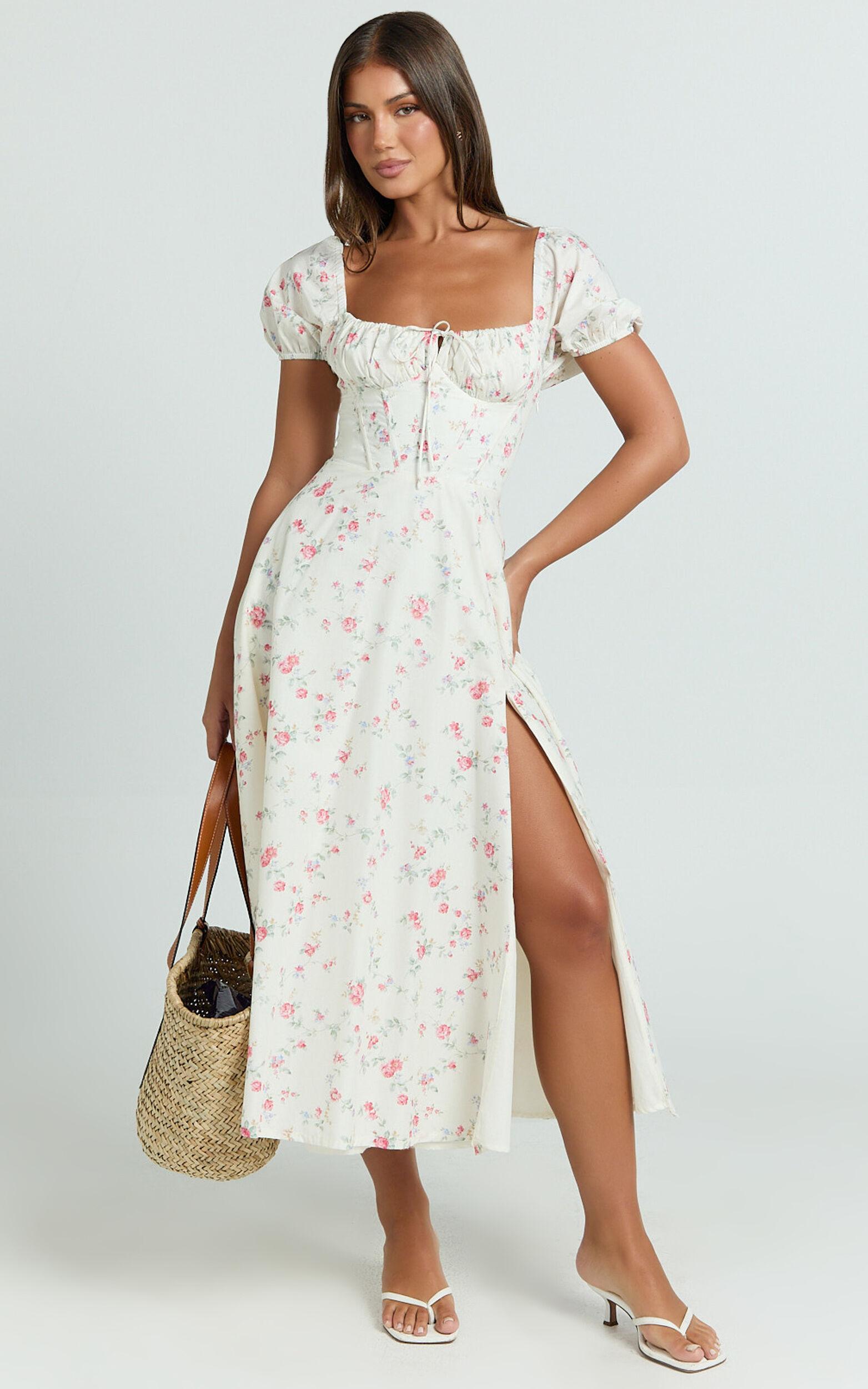 Imani Midi Dress - Puff Sleeve Square Neck Circle Skirt Dress in Cream Product Image