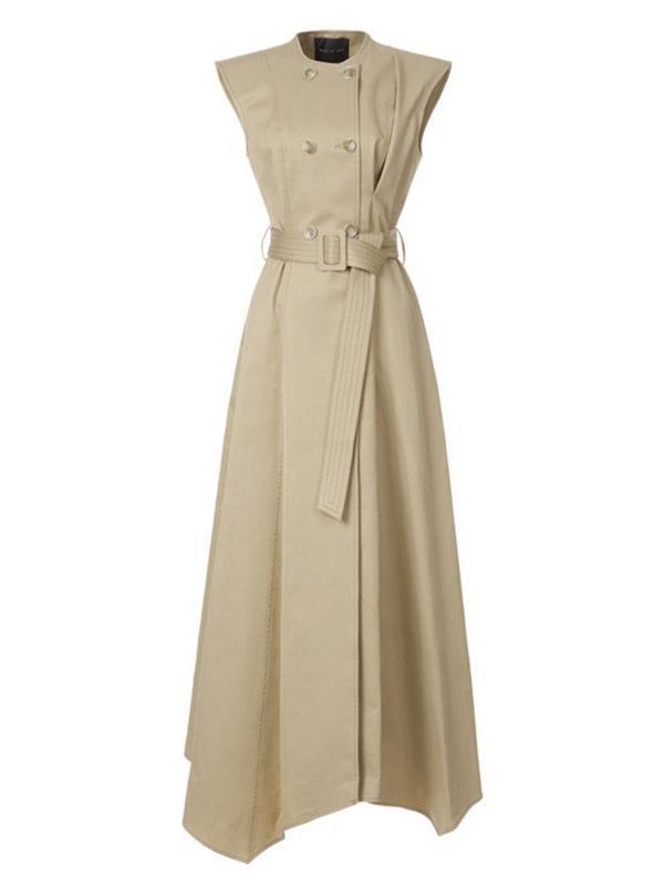 A-Line High Waisted Belted Buttoned Pockets Solid Color Round-Neck Maxi Dresses Product Image