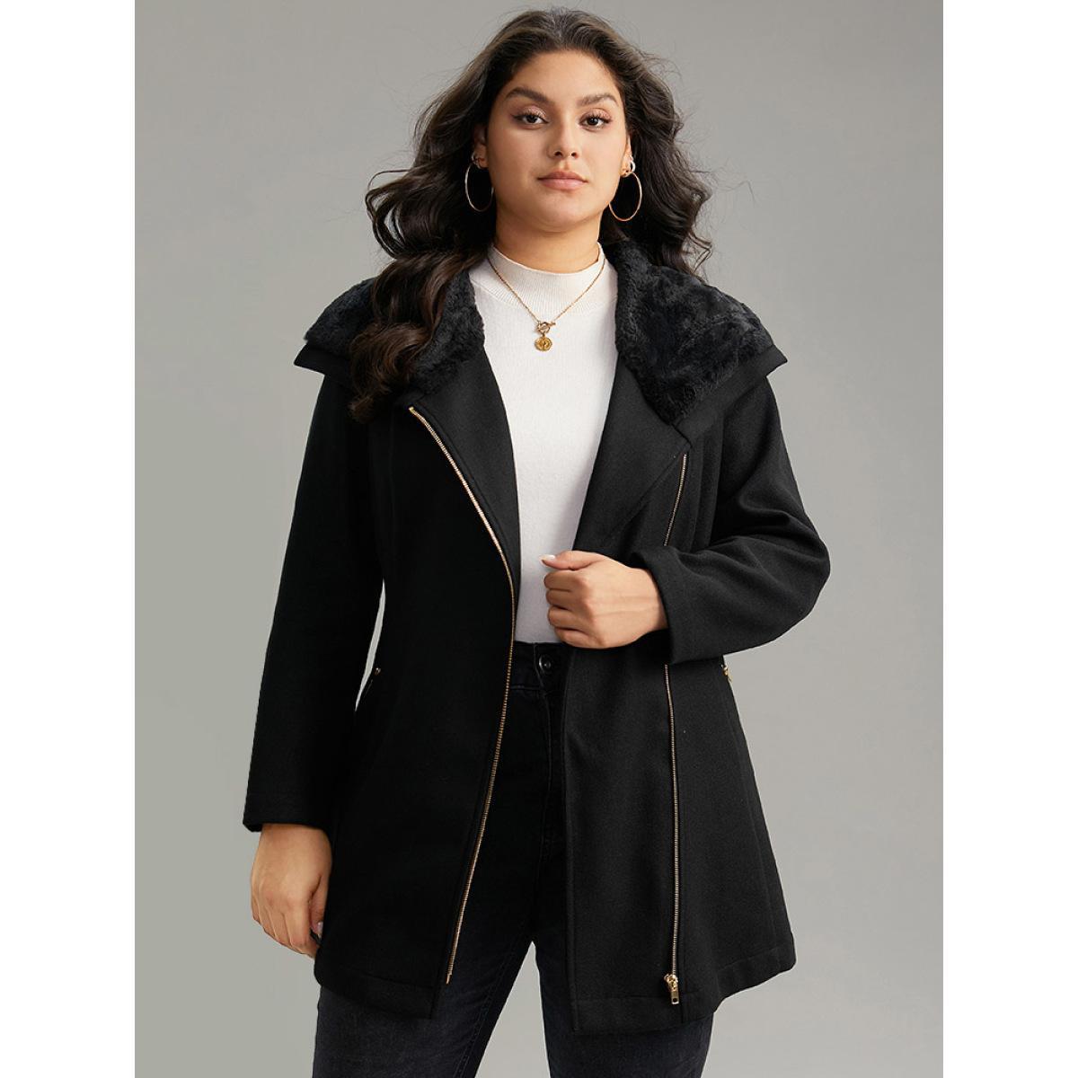 Plus Size Solid Zipper Belted PU Leather Knot Fuzzy Trim Coat Women Black Casual Plain Ladies Dailywear Winter Coats BloomChic 12/L Product Image