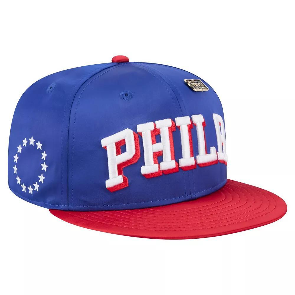Men's New Era  Royal/Red Philadelphia 76ers Throwback Satin Vintage Pin Two-Tone 59FIFTY Fitted Hat, Size: 7 3/8, 76r Blue Product Image