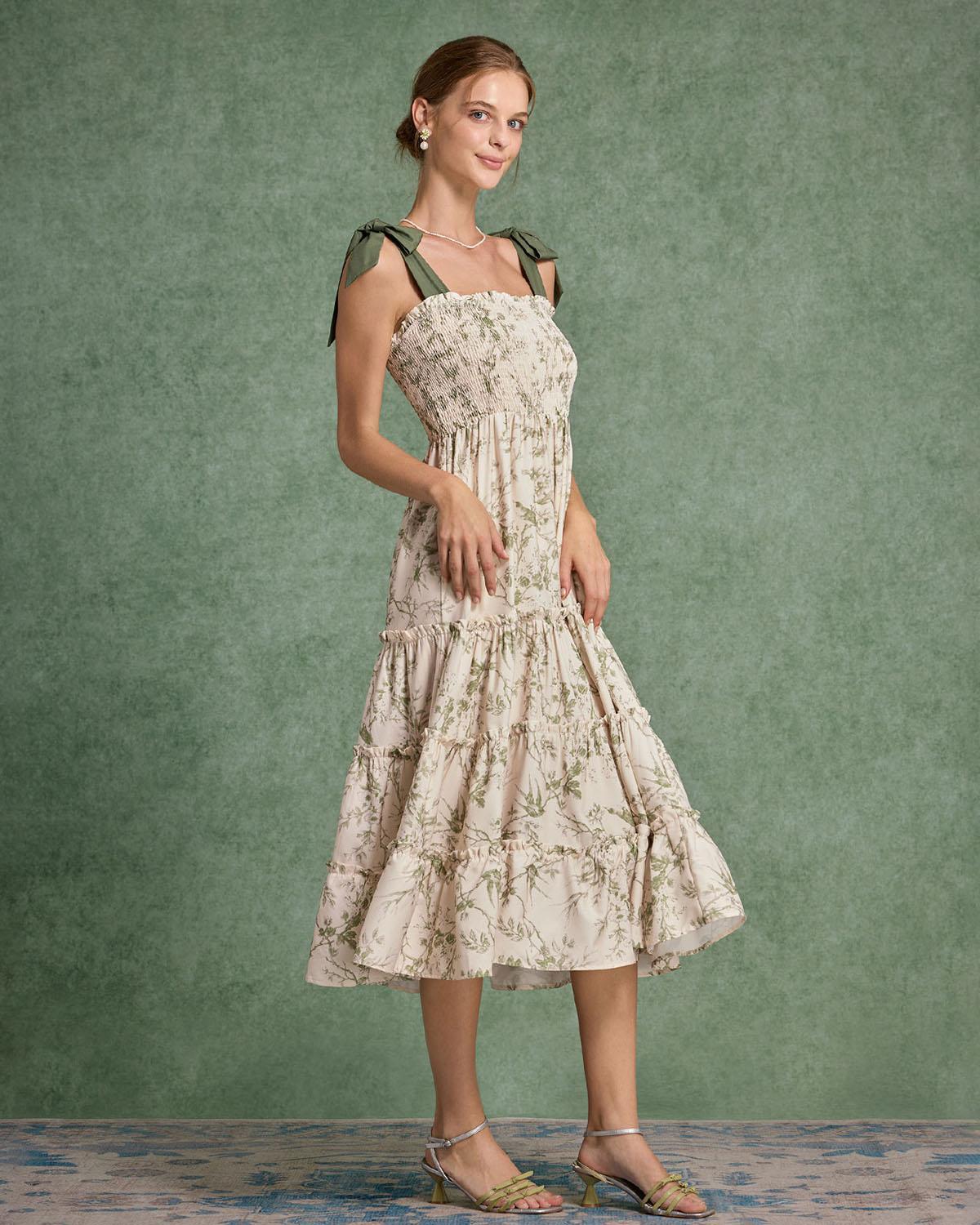 Green Floral Tie Strap Midi Dress Product Image