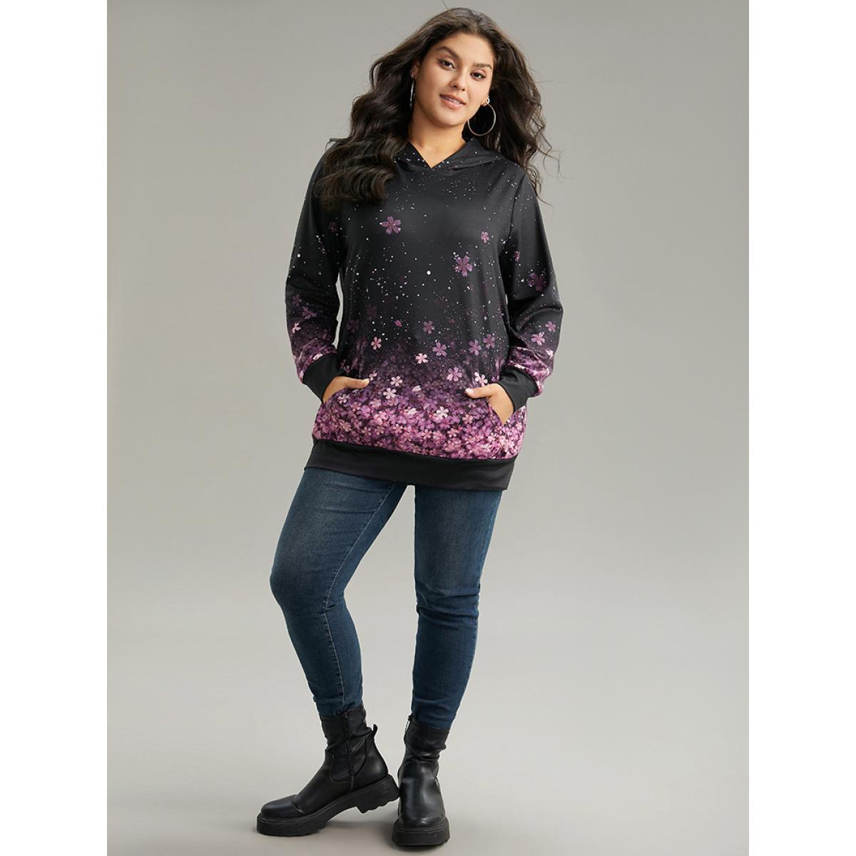 Plus Size Floral Hooded Kangaroo Pocket Sweatshirt Women Black Casual Printed Hooded Dailywear Sweatshirts BloomChic 14-16/1X Product Image