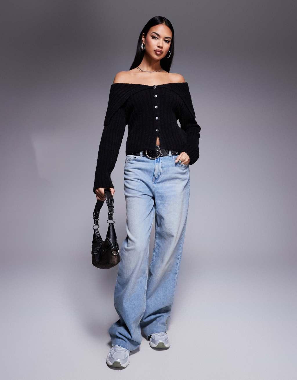 ASOS DESIGN off-the-shoulder sweater in black Product Image