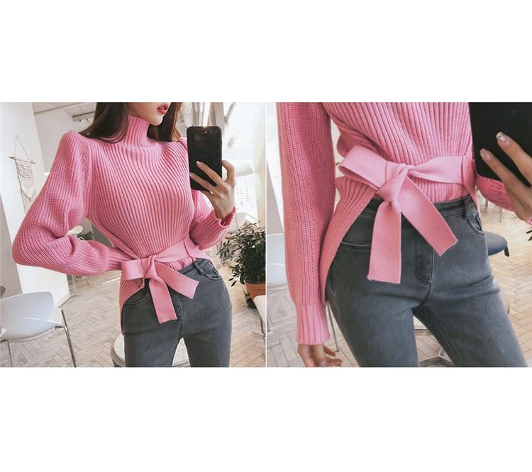 Long-Sleeve Turtleneck Plain Knit Top Product Image