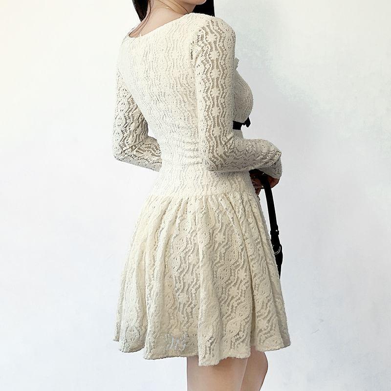 Long Sleeve Square-Neck Ruffled-Trim Plain Bow Accent Slim-Fit Mini A-Line Dress Product Image