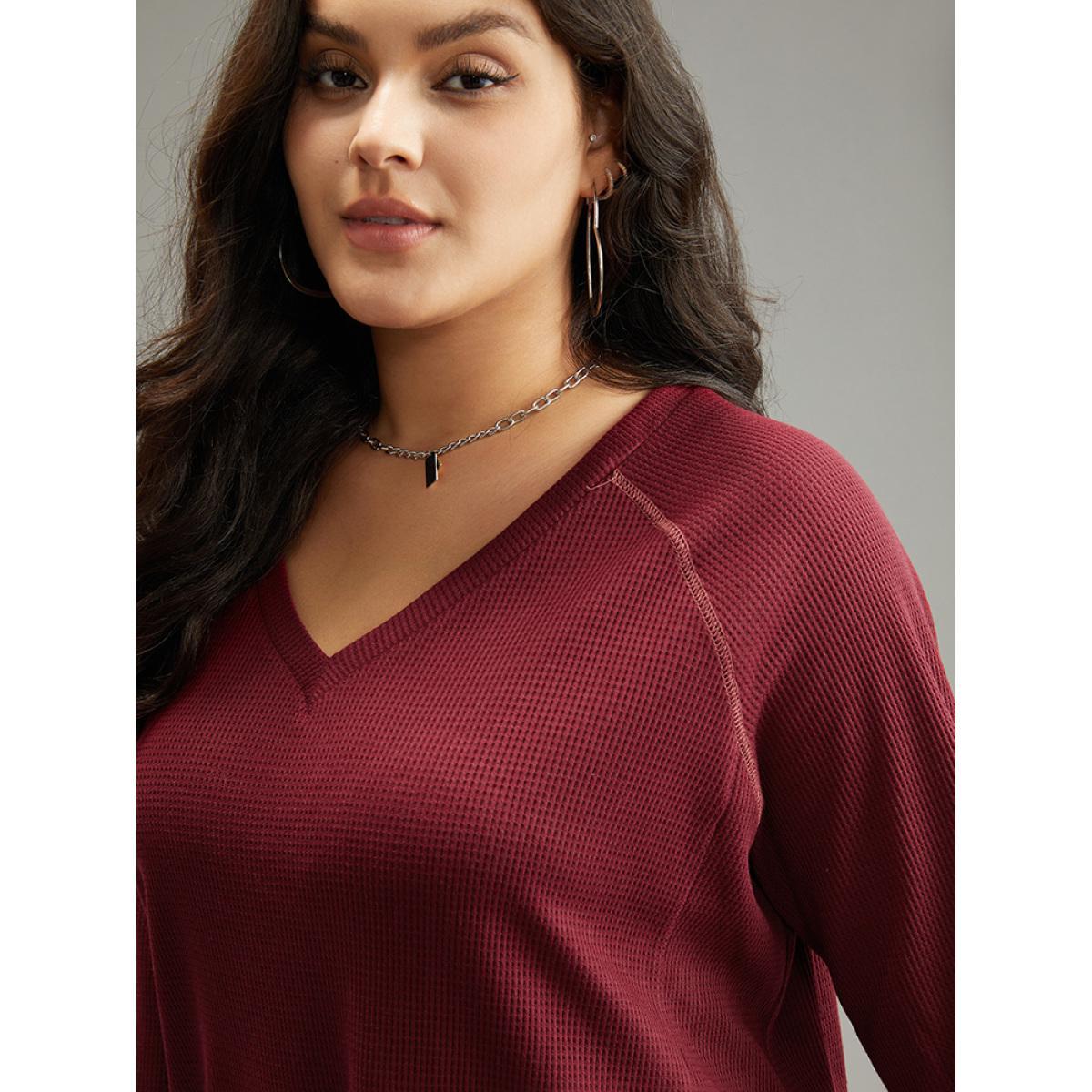 Plus Size Plain Textured Stitch Raglan Sleeve Sweatshirt Women Burgundy Casual Plain V-neck Everyday Sweatshirts BloomChic 14-16/1X Product Image