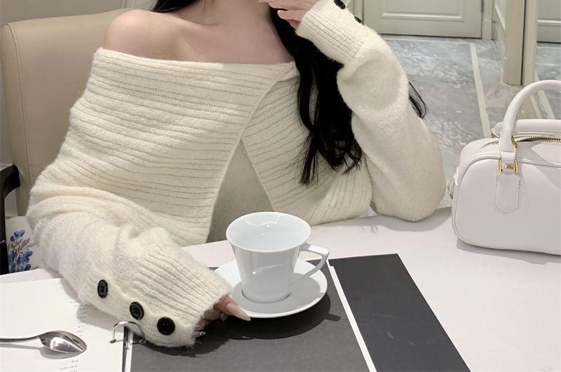 Off-Shoulder Plain Buttoned Cuff Sweater Product Image