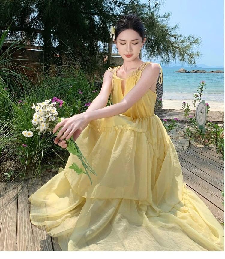 Sleeveless Chiffon Plain Maxi A-Line Dress Product Image