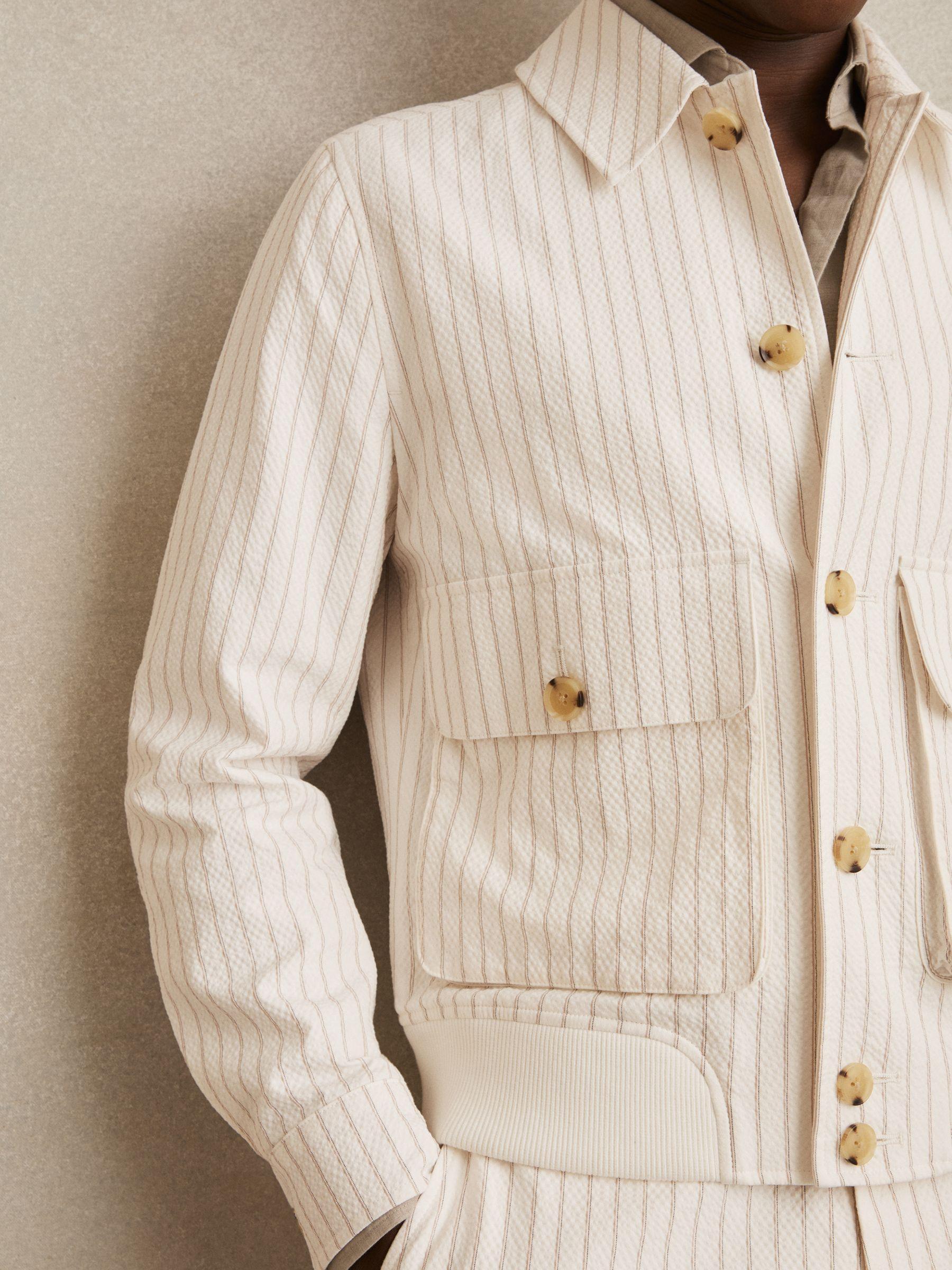 Cotton-Blend Pinstripe Harrington Jacket in Off White/Taupe Brown Product Image