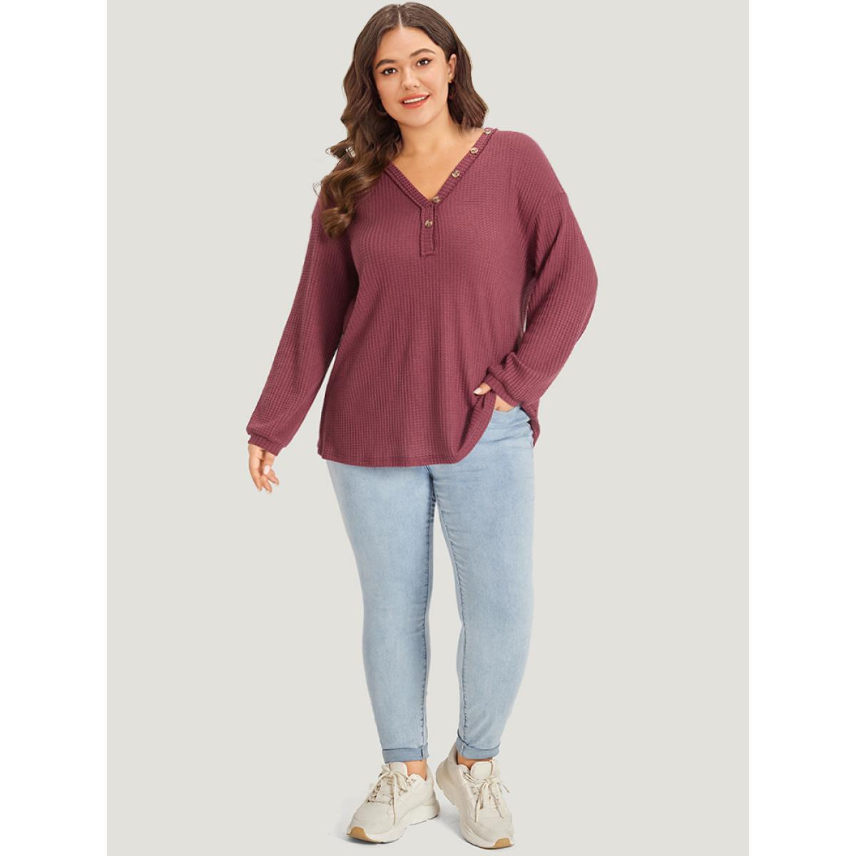 Plus Size Waffle Knit Button Detail V Neck T-shirt Russet Women Casual Elastic cuffs Plain V-neck Dailywear T-shirts BloomChic 22-24/3X Product Image