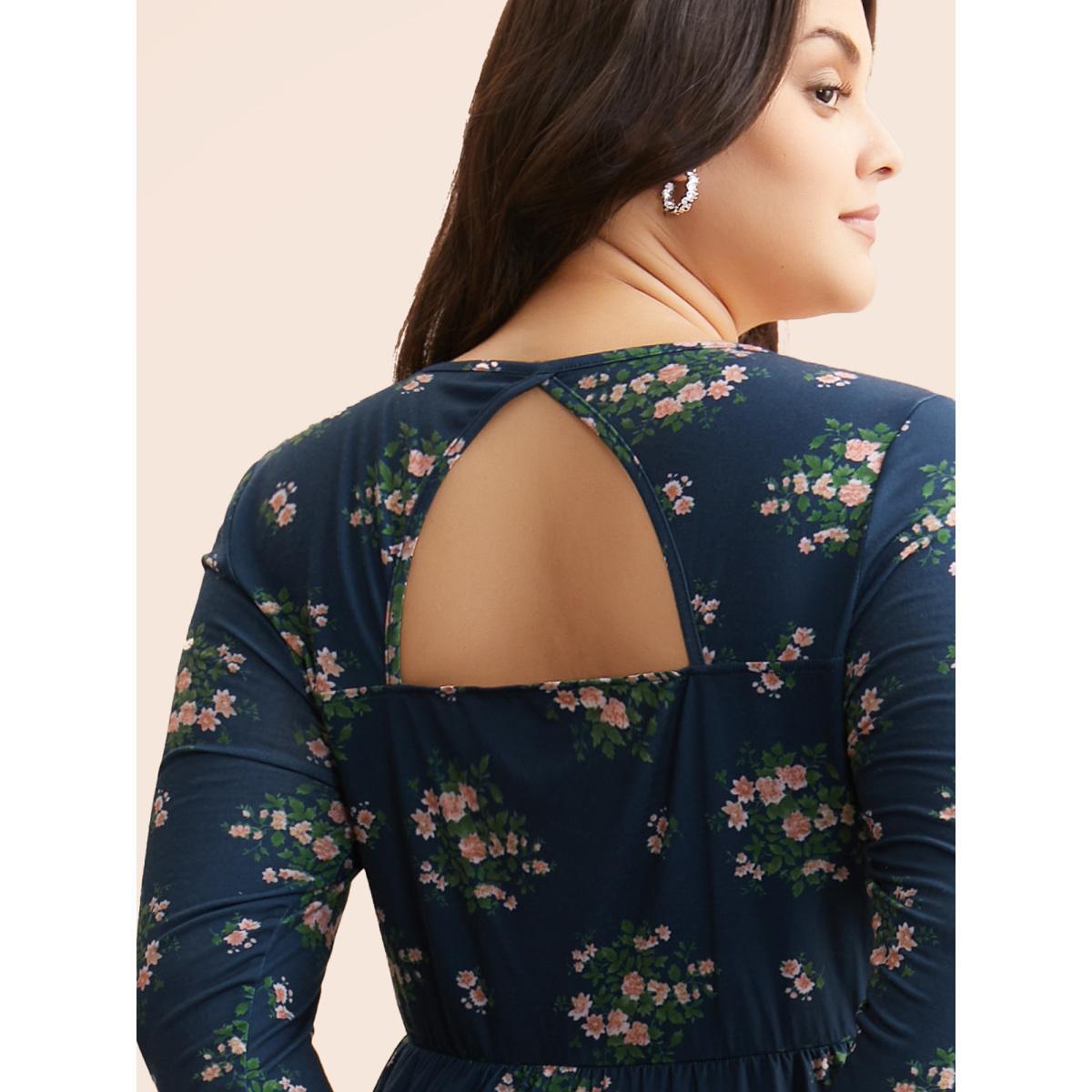 Plus Size Square Neck Floral Cut Out Dress Navy Women Elegant Cut-Out Square Neck Long Sleeve Curvy BloomChic 28/5X Product Image