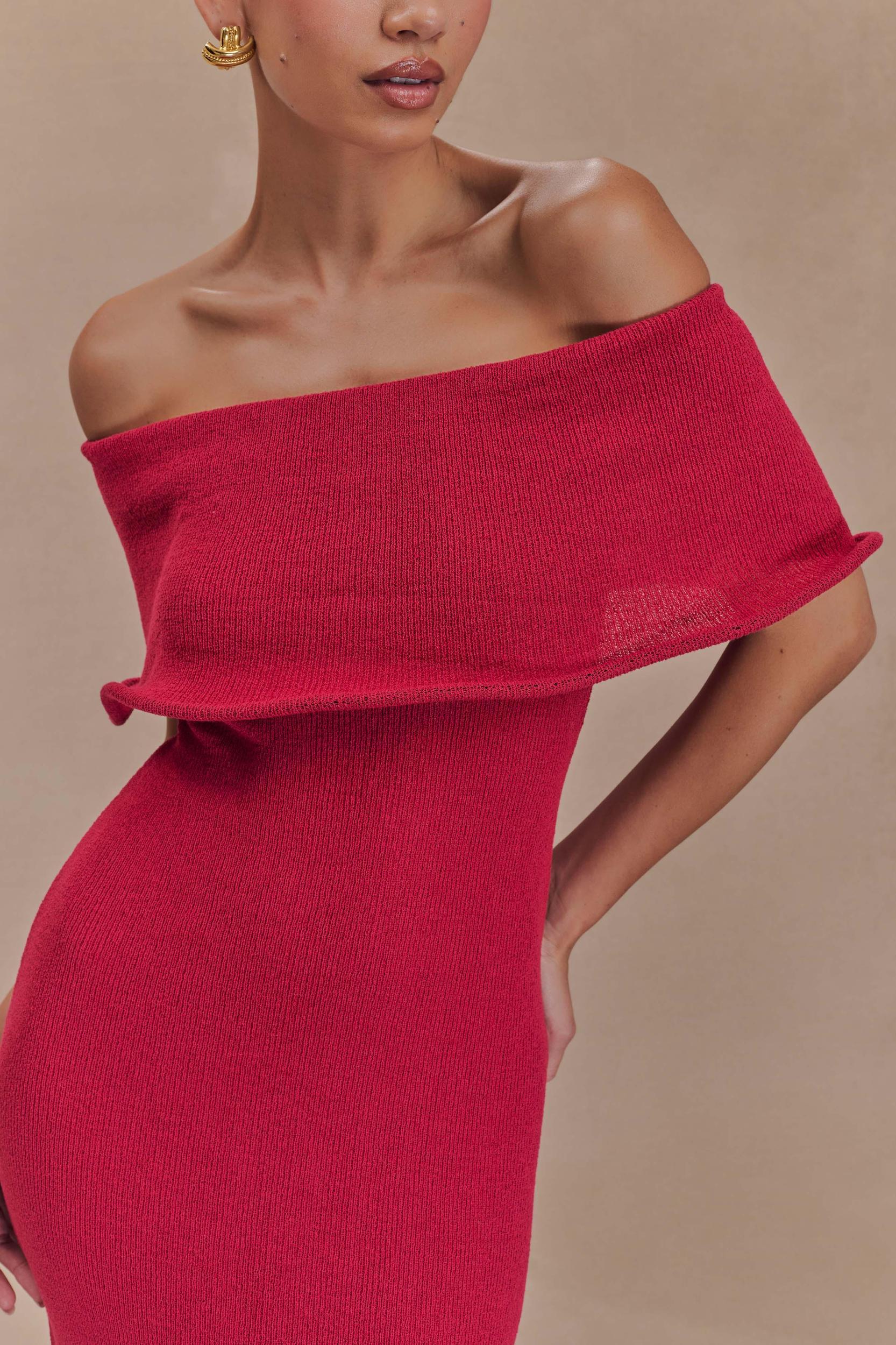 Molly Off Shoulder Knit Midi Dress - Raspberry Product Image