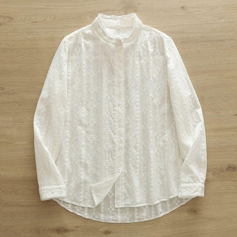 Long Sleeve Band Collar Embroidered Shirt Product Image