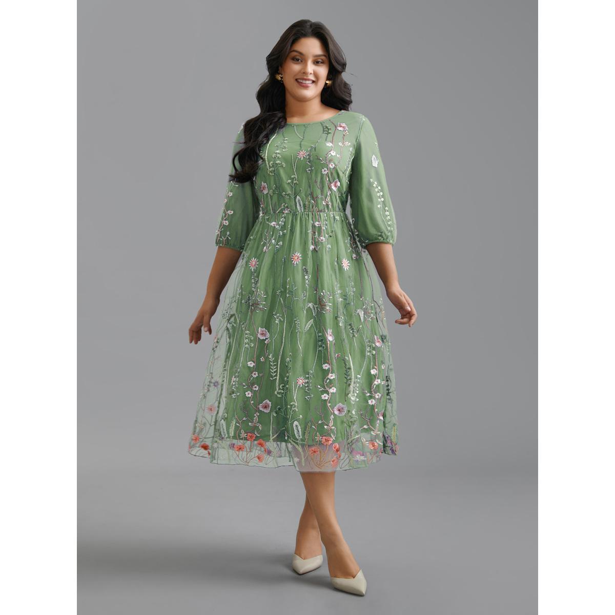 Plus Size Floral Embroidered Elastic Waist Lined Midi Dress Greenbean Women Cocktail Texture Party Curvy Bloomchic 18-20/2X Product Image