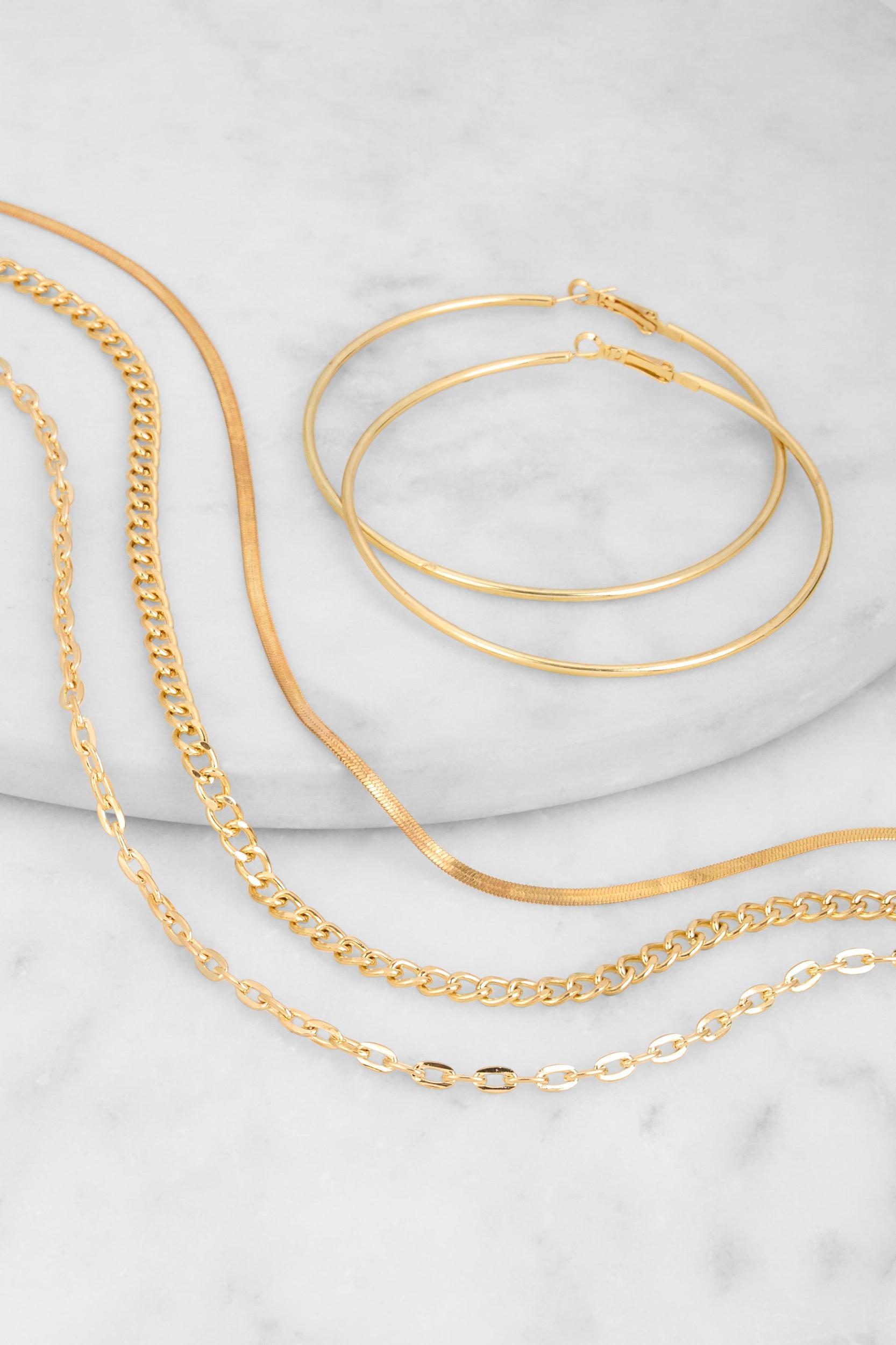 Layered Chain Necklace and Hoop Earrings Female Product Image