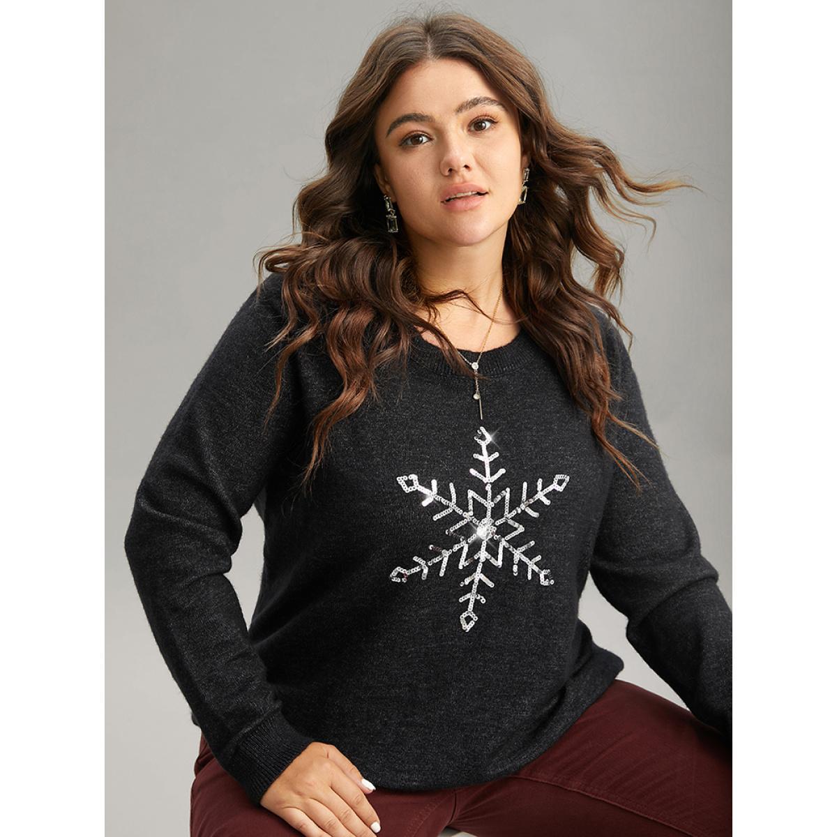 Plus Size Anti-Pilling Sequin Snowflake Round Neck Pullover Black Women Casual Loose Long Sleeve Round Neck Festival-Christmas Pullovers BloomChic 12/L Product Image