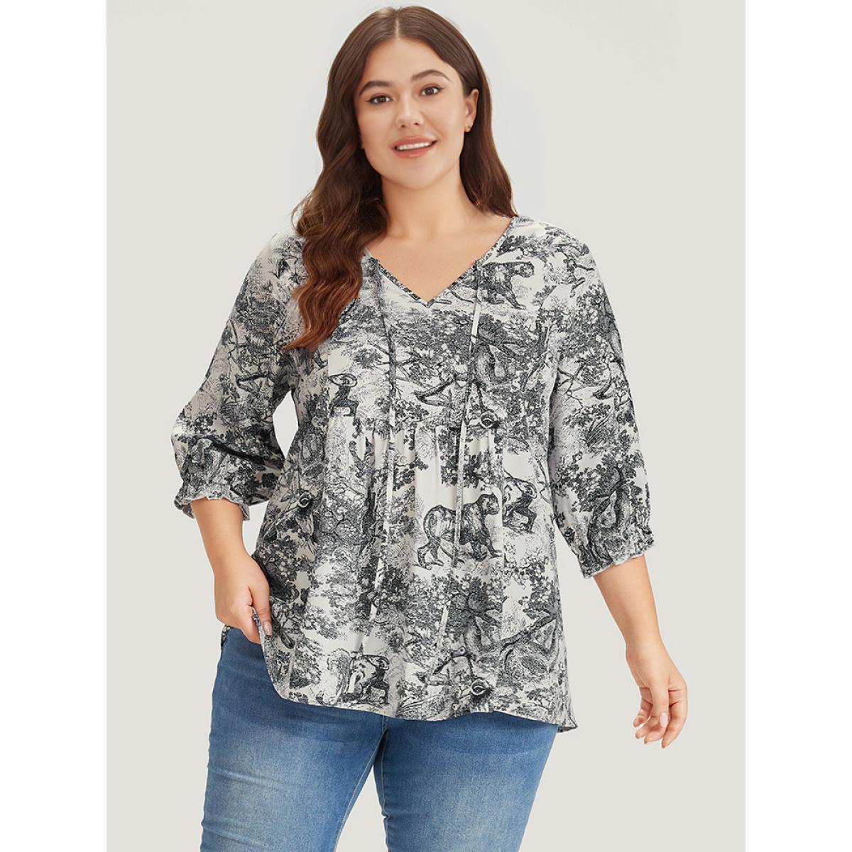 Plus Size Black Print Knot Neck Lantern Sleeve Ruffle Hem Blouse Women Vacation Half Sleeve V-neck Dailywear Blouses BloomChic 22-24/3X Product Image