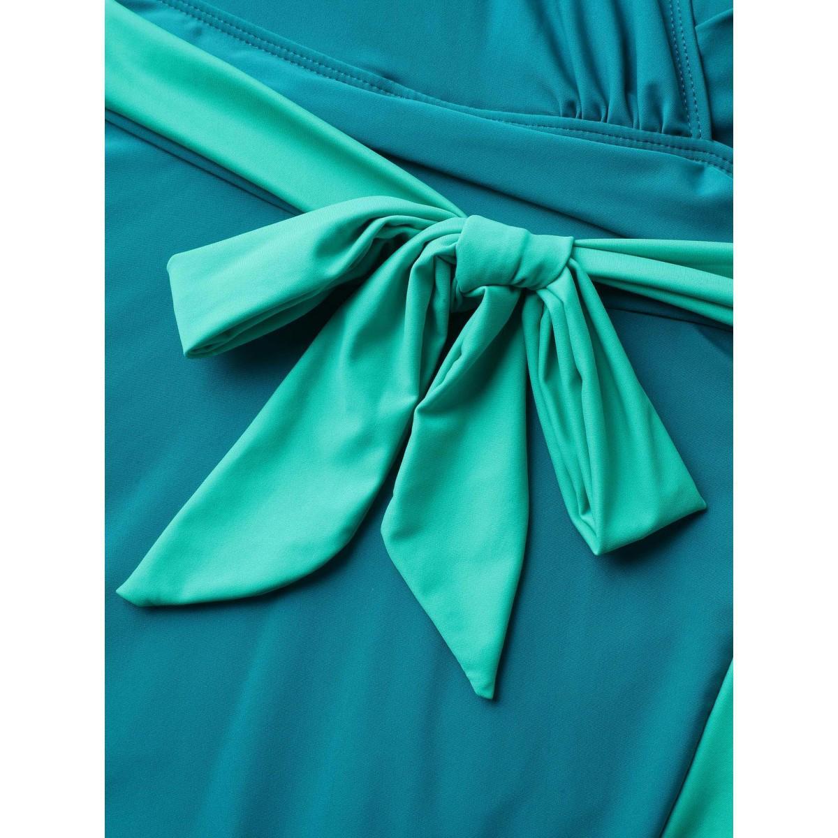 Plus Size Color Block Ruffled Hem Swim Dress Women's Swimwear Teal Beach Bodycon Overlap Collar High stretch Curve Swim Dresses BloomChic 26/4X Product Image